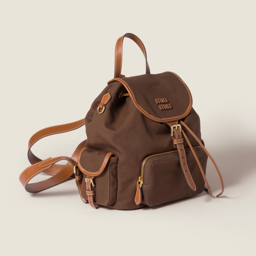 Miu Miu Large Canvas and Leather Backpack in Brown